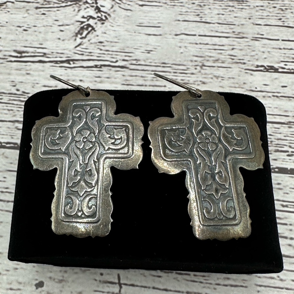 Ornate Silver Cross Dangle Earrings